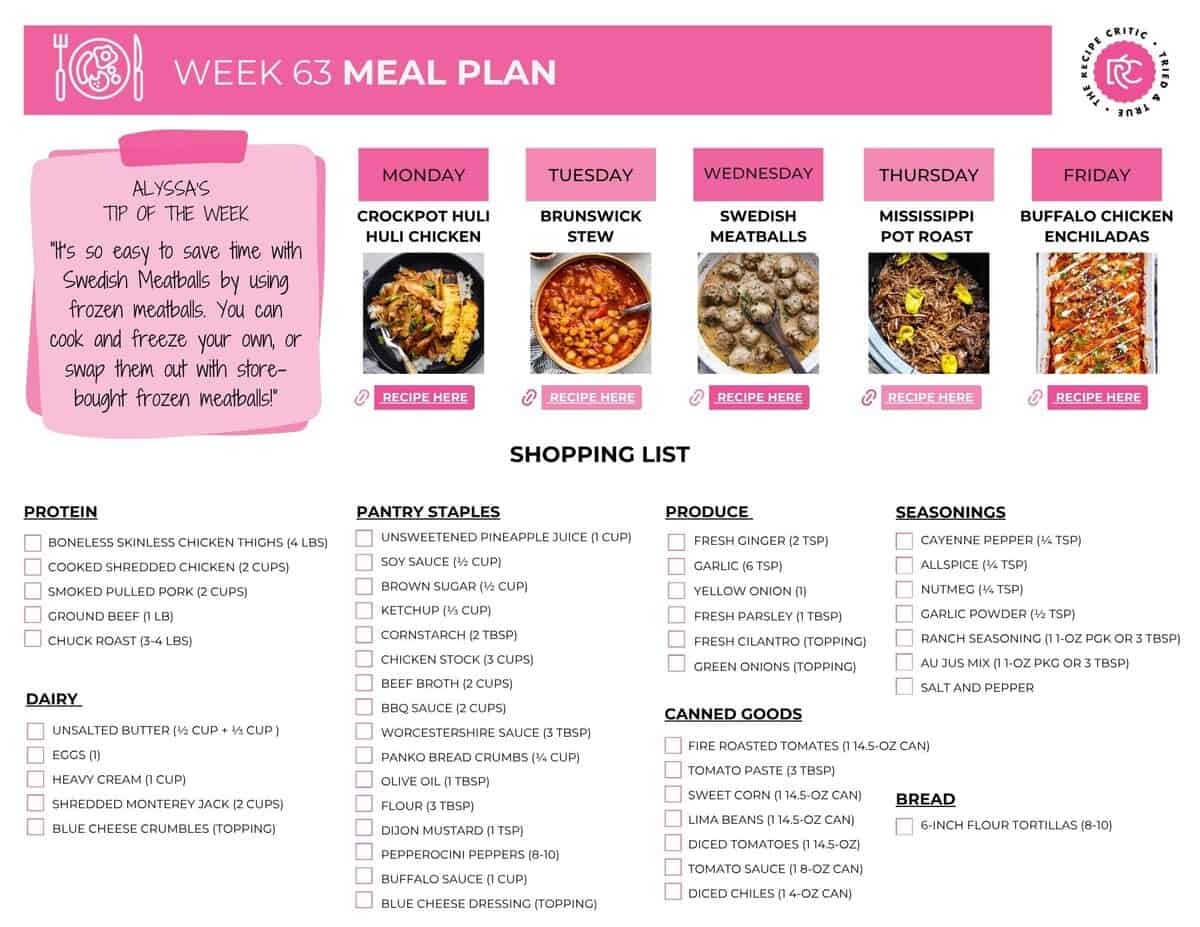 Looking for some tasty meals everyone in the family will actually eat? This weekly meal plan has 5 easy recipes that are super yummy and perfect for busy nights! Image of the free printable weekly meal plan grocery list.