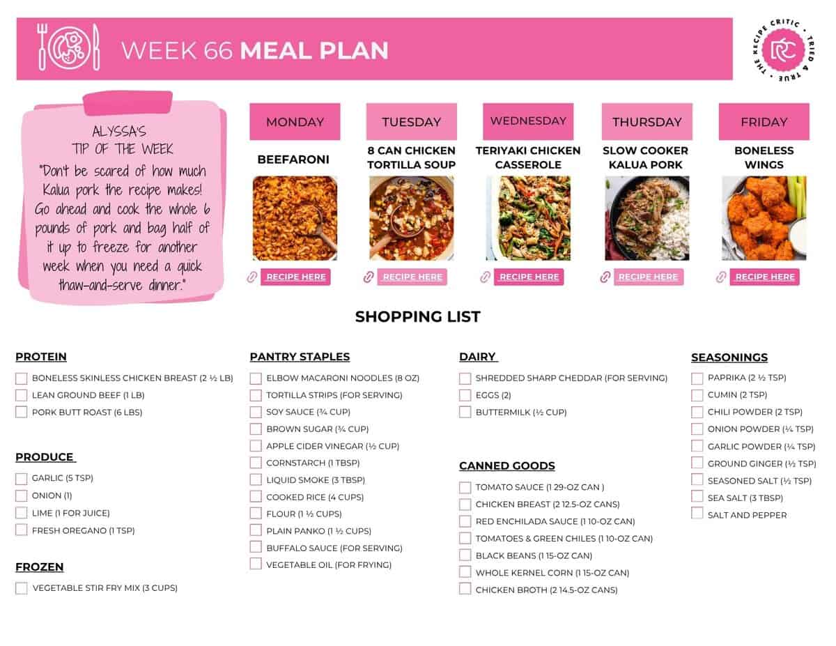 Meal planning has become my new favorite thing! I’m not naturally super organized, but having a weekly meal plan, grocery list and dinners included, has made life so much easier. And this week’s simple, delicious meals make it even better. Picture of the printable shopping list for this weekly meal plan.