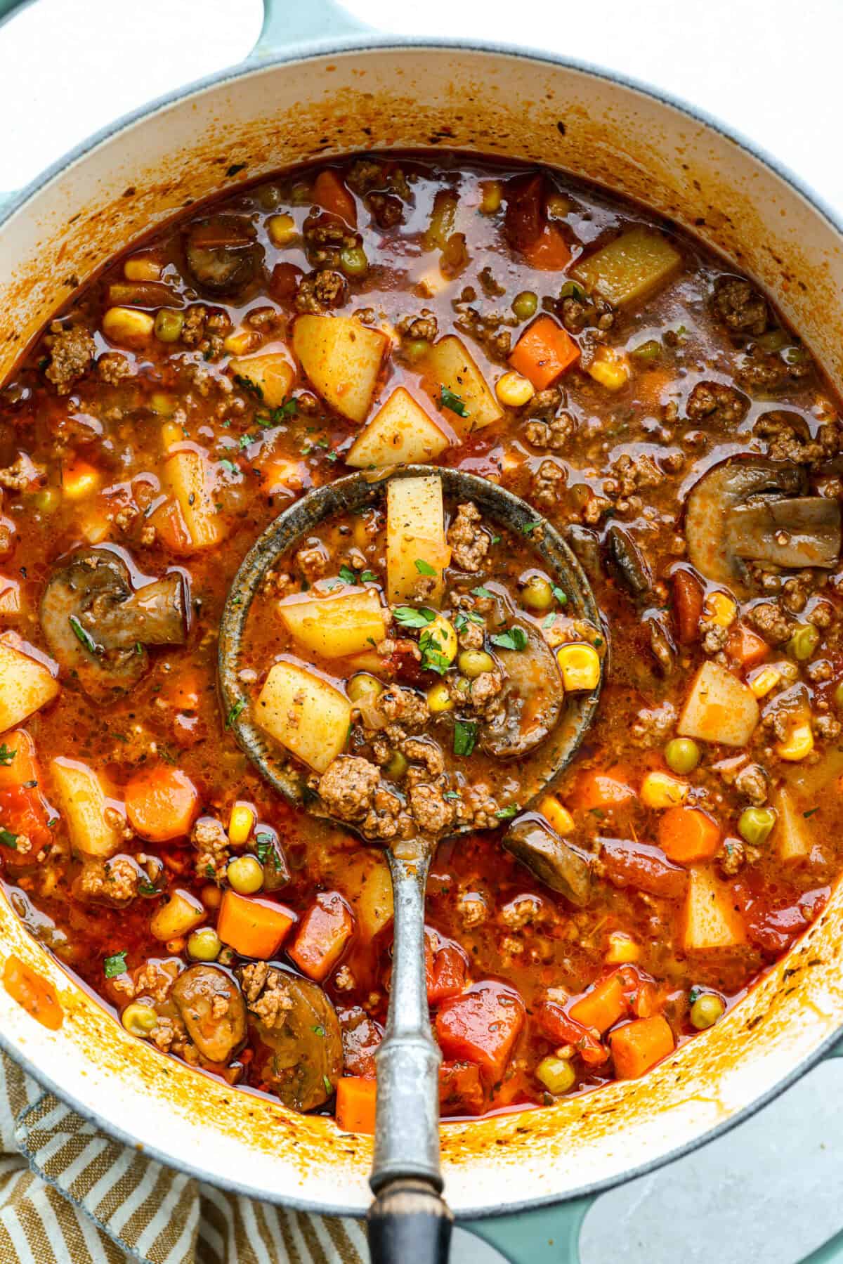 If groceries feel higher than ever, you’re not alone. That’s why I love hobo stew. It's cozy, hearty, and made from whatever’s in the pantry. It turns simple ingredients into a meal everyone will love. Overhead shot of hobo stew completely cooked and ready to serve.