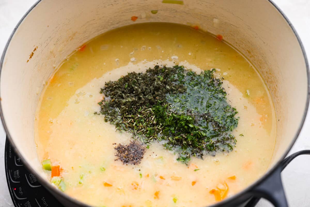 Why did it take me this long to use it in stuffing? Sourdough Stuffing's tangy crust and the chewy middle are perfection! Every bite soaks up all that buttery, herby goodness like it was made for this. Fresh herbs added to the broth and veggie mixture.