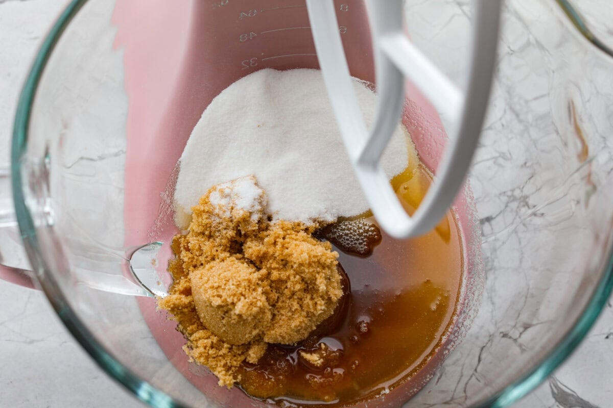 Brown butter and sugars added to a stand mixer. 