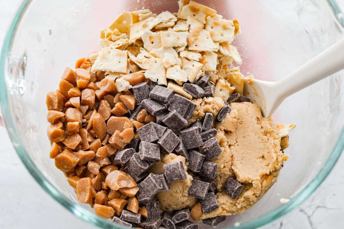 Chocolate, toffee, and saltine crackers added to the cookie dough.