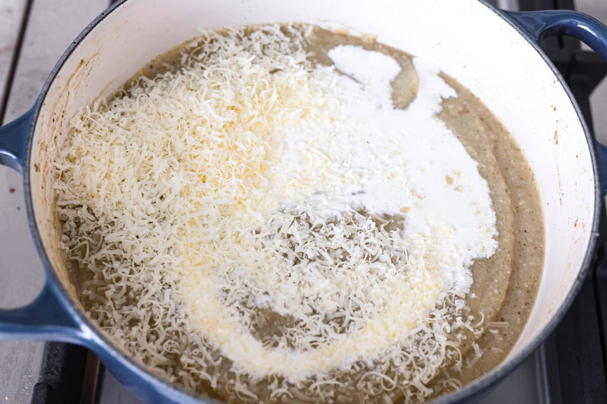 Cream and cheese added to the blended up soup.