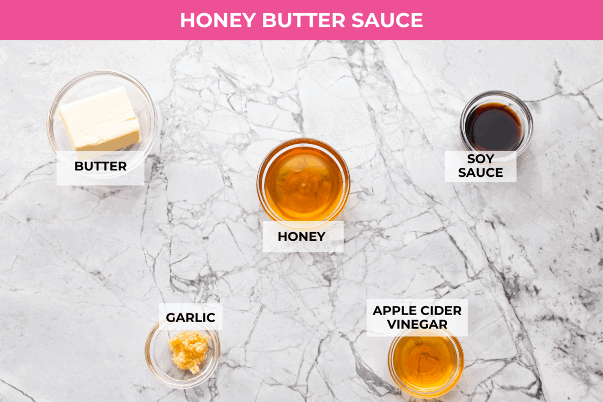 Sticky, sweet, and totally irresistible, this honey butter chicken brings golden brown perfection to your dinner table. One pan, picky-eater approved, and guaranteed to have everyone begging for seconds. Overhead shot of labeled honey butter chicken sauce ingredients.