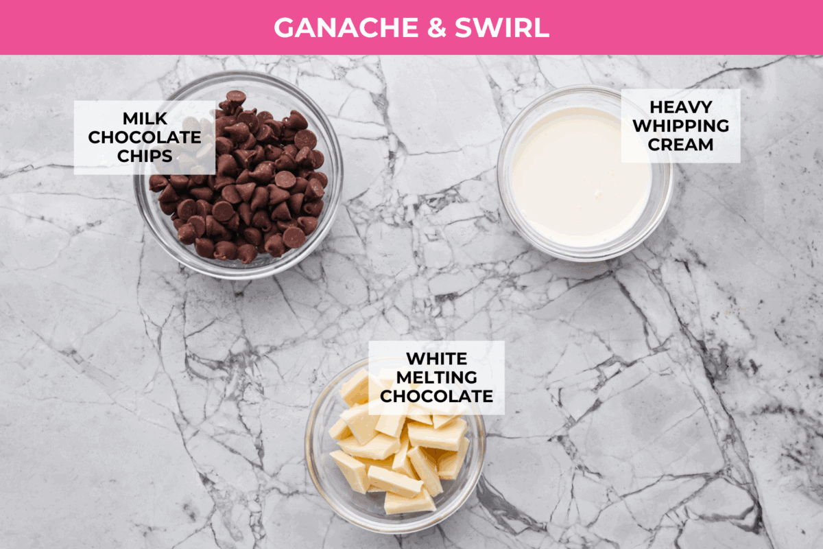 Overhead shot of labeled chocolate ganache and white chocolate swirl ingredients.