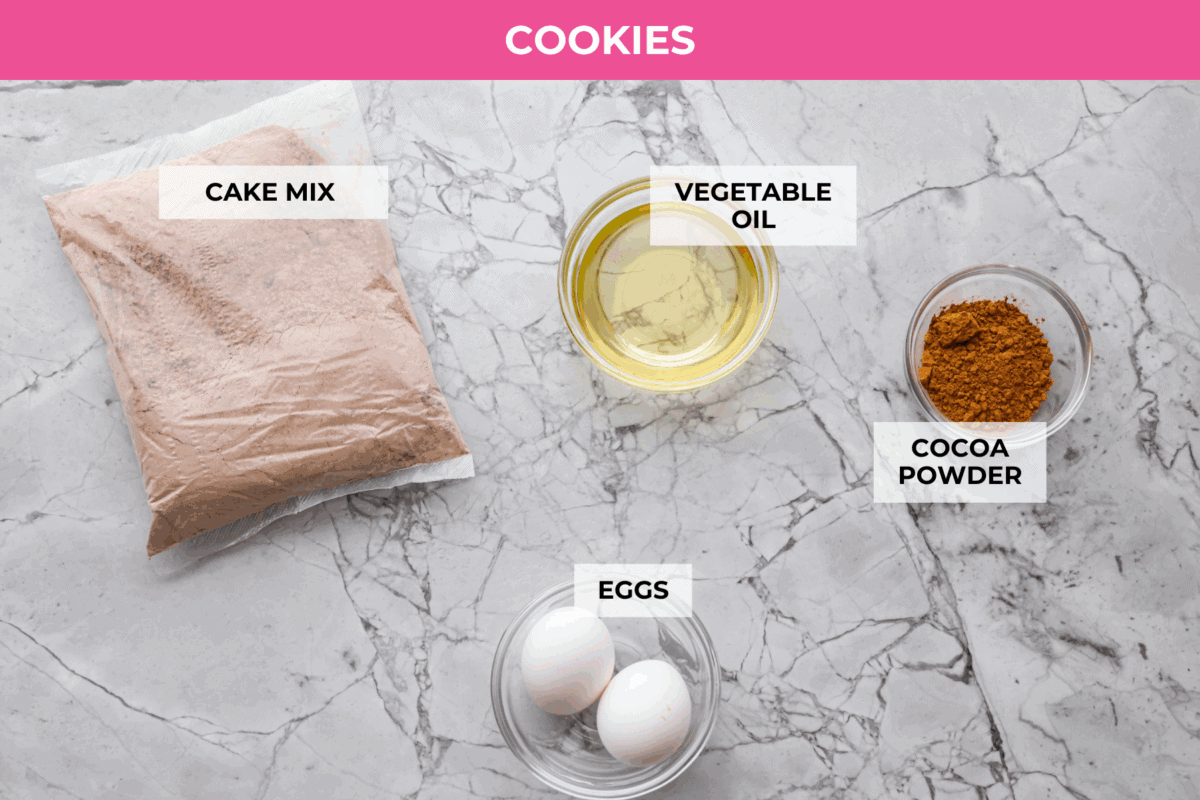 Overhead shot of labeled Hostess Cupcake cookies ingredients.