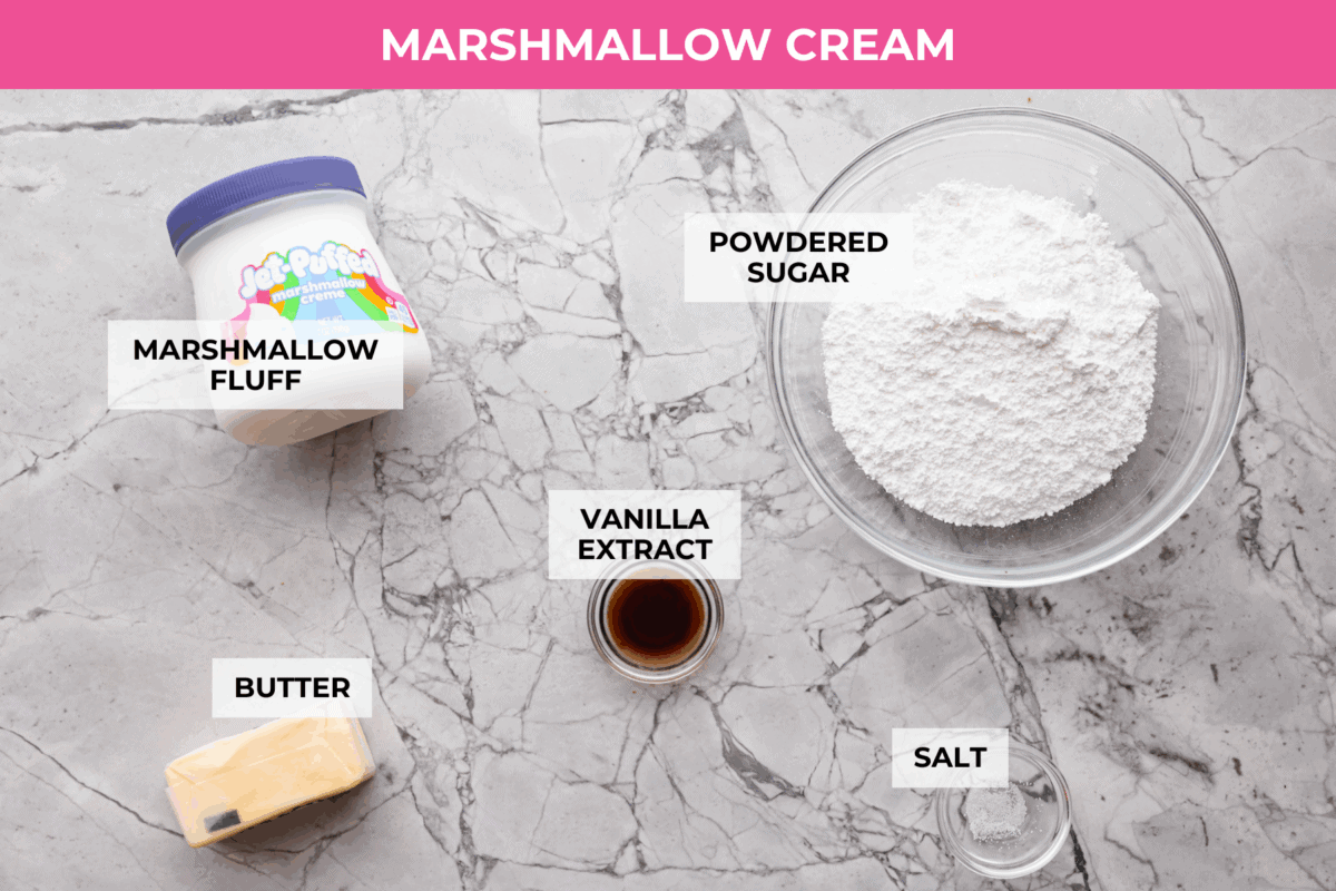 Overhead shot of labeled marshmallow cream ingredients. 