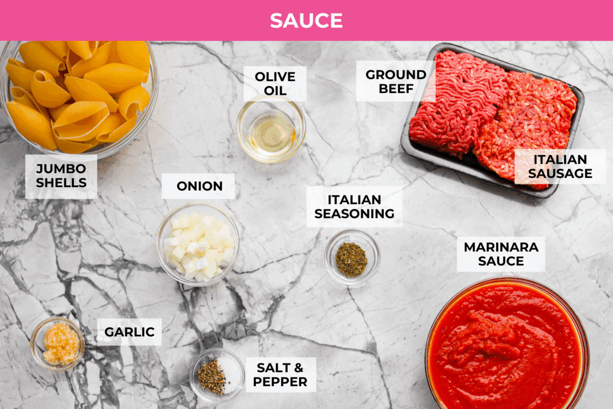Million dollar stuffed shells take all the creamy, cheesy goodness of the classic and wrap it into fun jumbo shells. It’s cozy, everyone loves it, and it's easy to make! Overhead shot of labeled sauce ingredients.
