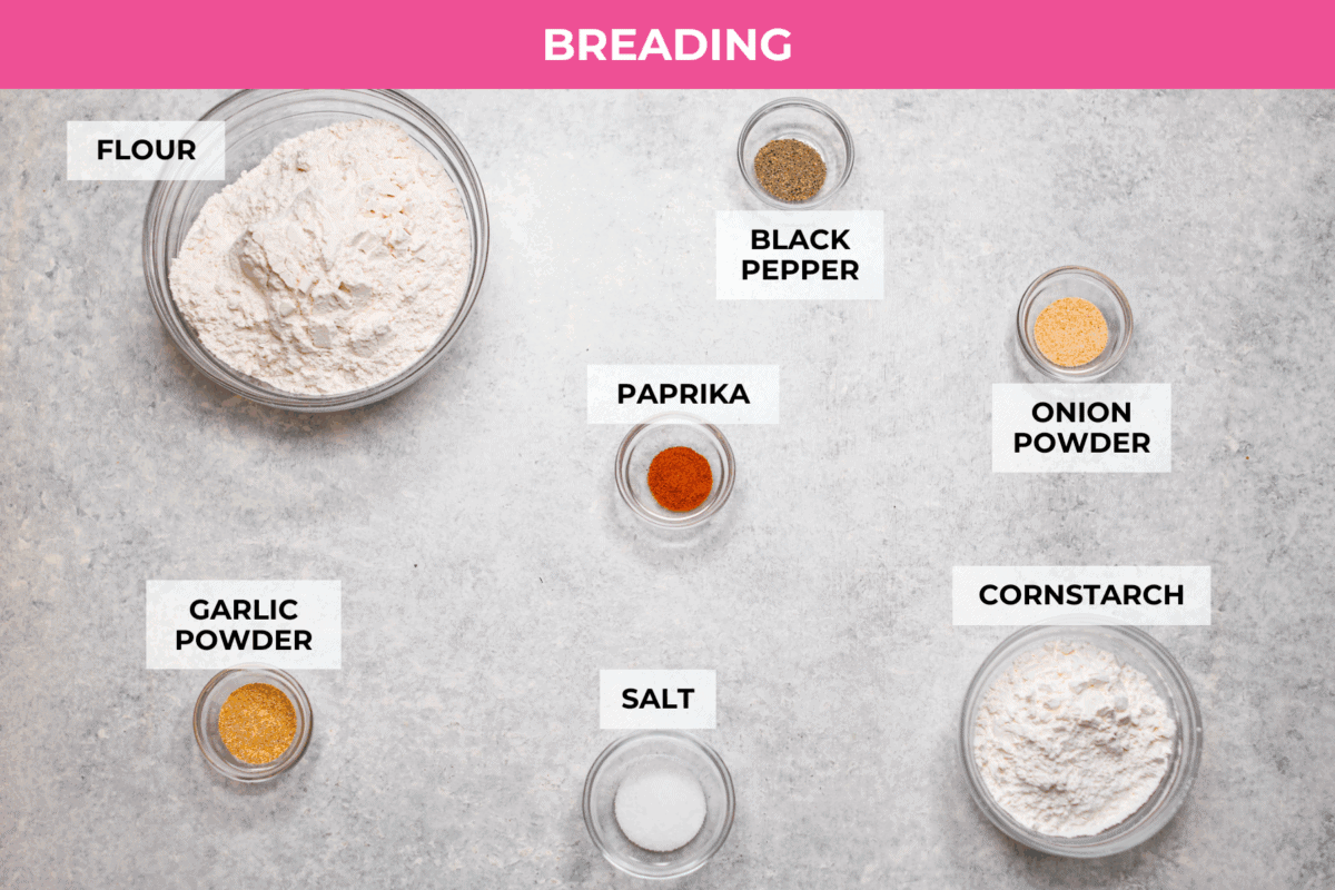 Overhead shot of labeled breading ingredients. 