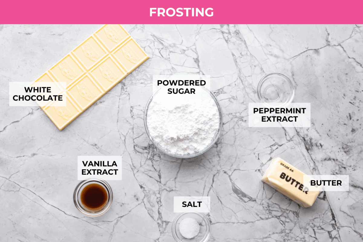 Overhead shot of labeled frosting ingredients. 