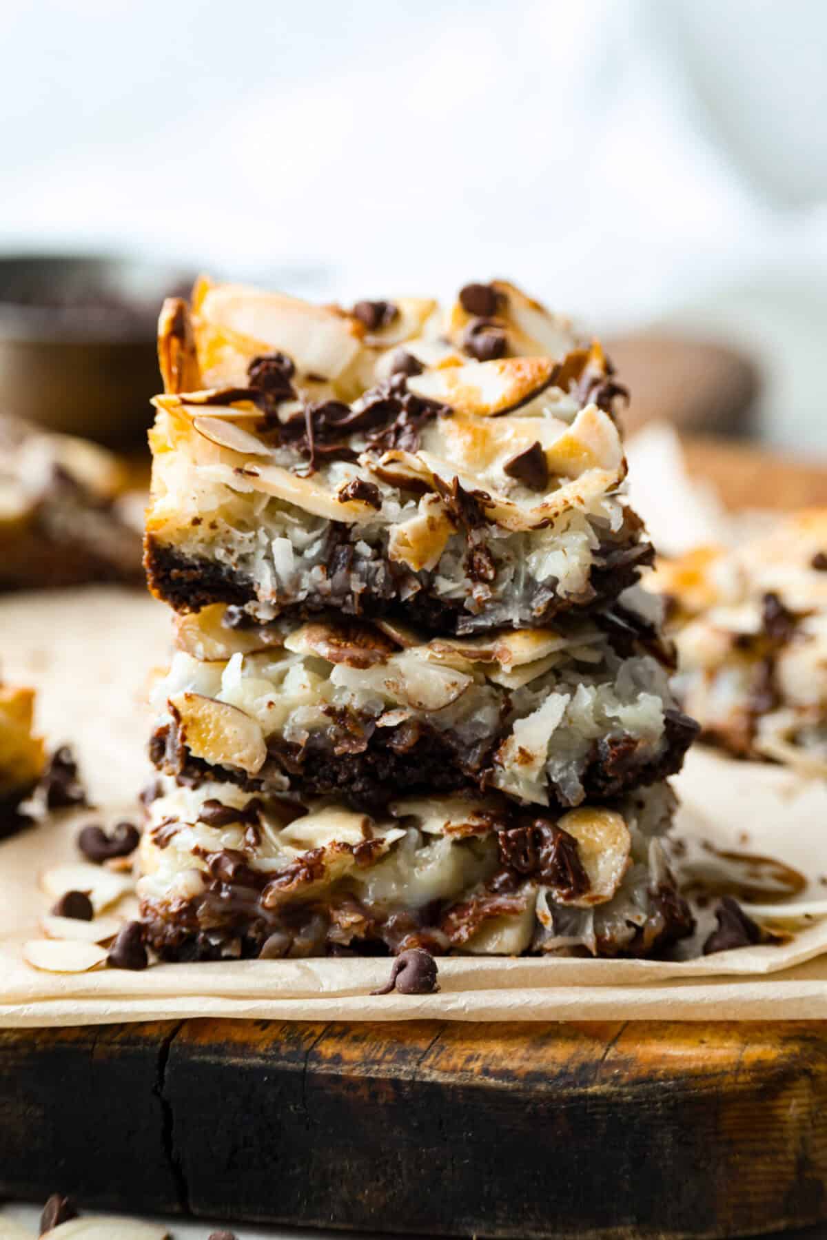 Stacked almond joy magic bars. 