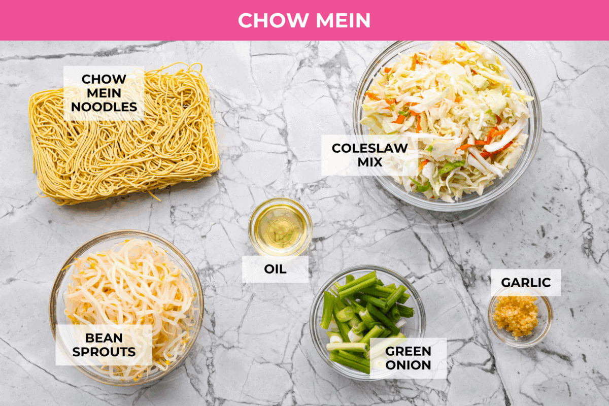 Skip the takeout, this Beef Chow Mein is ready in just 25 minutes! Packed with tender beef, crisp veggies, and saucy noodles, it’s a fast, flavorful dinner that hits the spot every time. Overhead shot of chow mein ingredients.