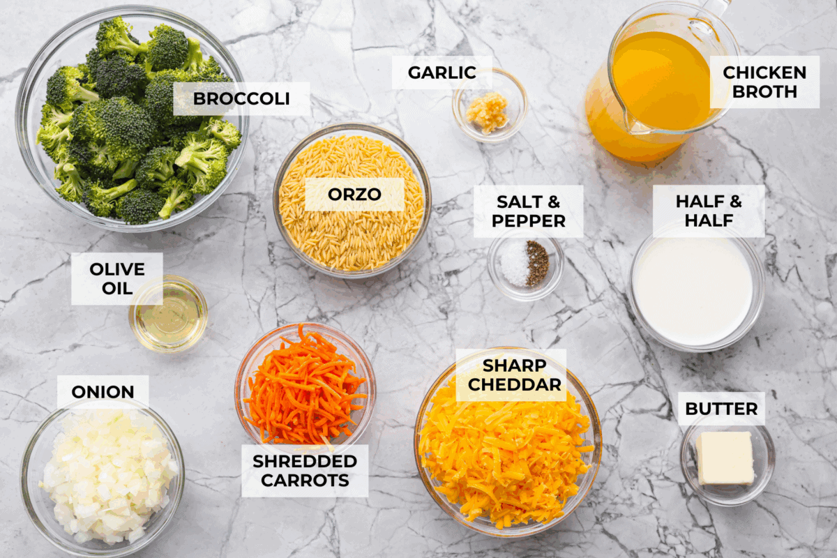 Overhead shot of labeled broccoli cheddar orzo ingredients. 