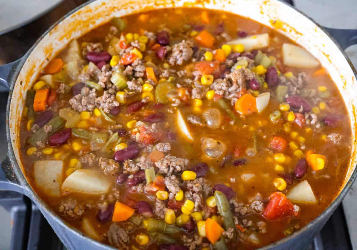 Broth added to the pot of shipwreck stew.