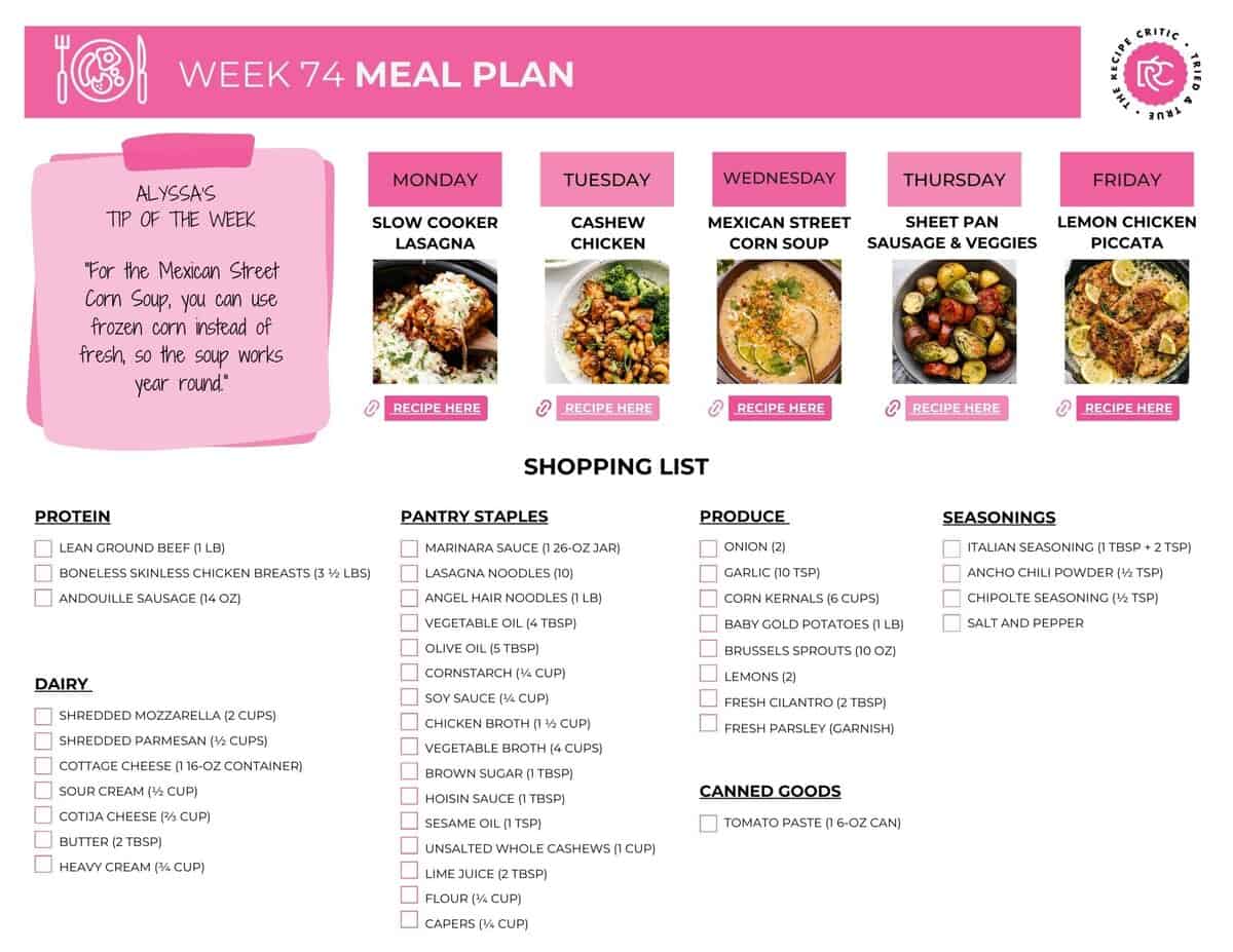 This weekly menu focuses on cozy, comforting dinners that are easy to pull together on busy nights. The recipes are simple and familiar, making dinnertime feel a little more manageable. Image of the free printable shopping list for this weekly menu plan.