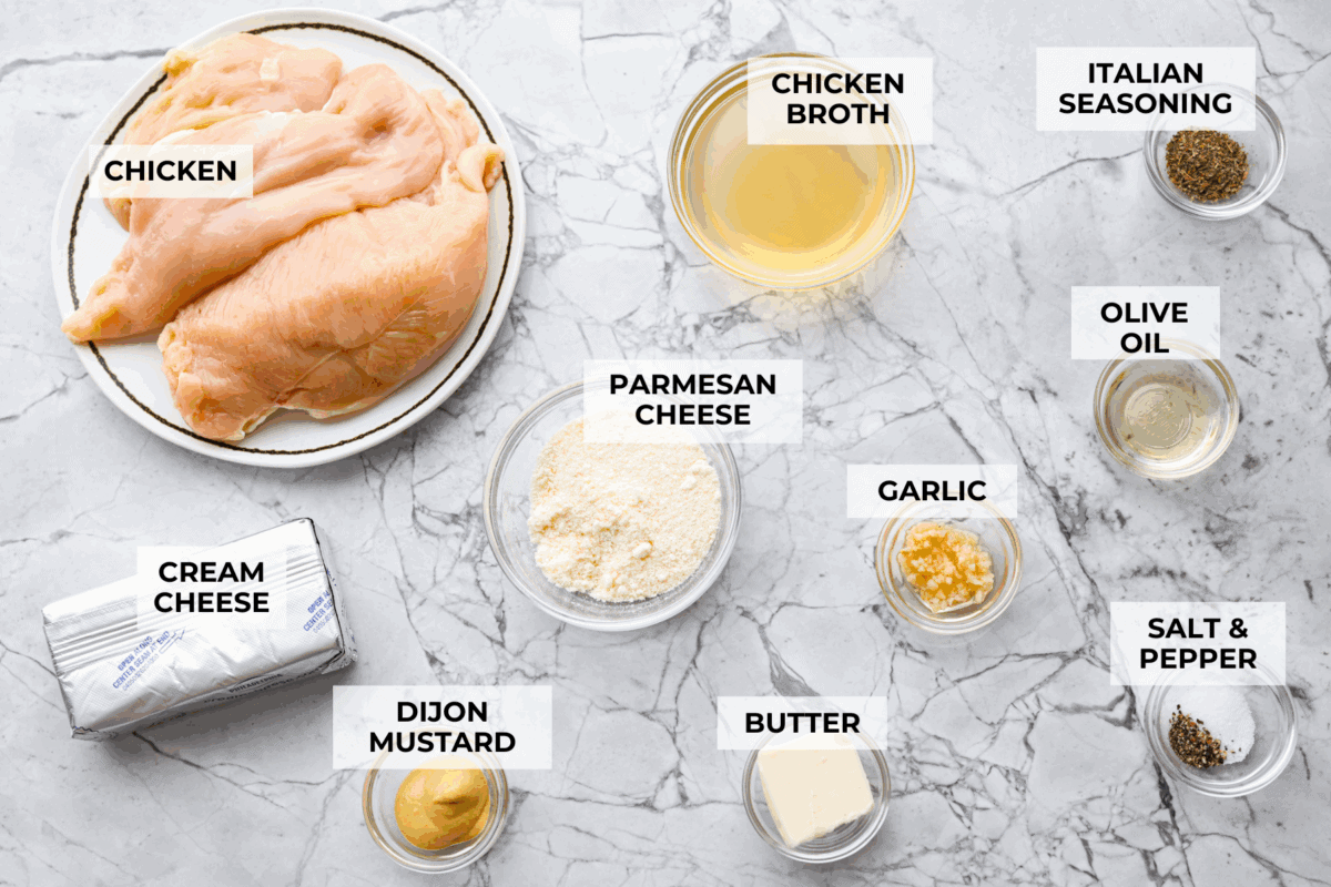 Overhead shot of labeled ingredients. 