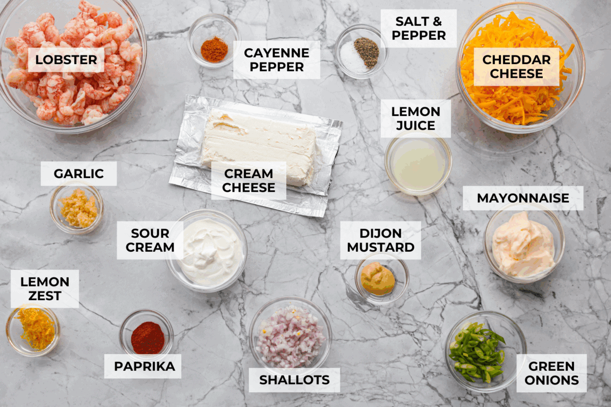 If you love a good lobster rolls, you’ll love it even more as a dip. Creamy, cheesy, and loaded with tender lobster, serve it warm, grab some crackers or bread, and let the dipping begin! Overhead shot of labeled ingredients.