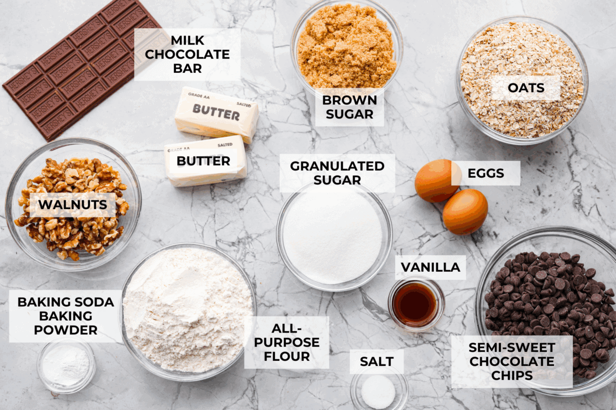 Overhead shot of labeled Neiman Marcus chocolate chip cookies ingredients.