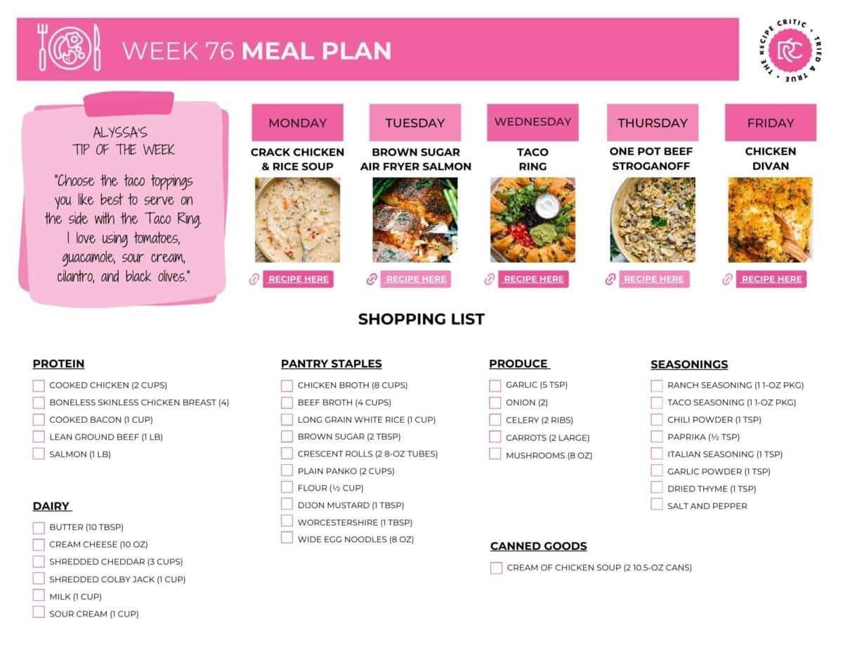 These weekly meal plan dinners are simple, comforting, and made for real life! I have also included a free printable shopping list to help you get in and out of the store faster. Image of the free printable shopping list for this weekly meal plan.