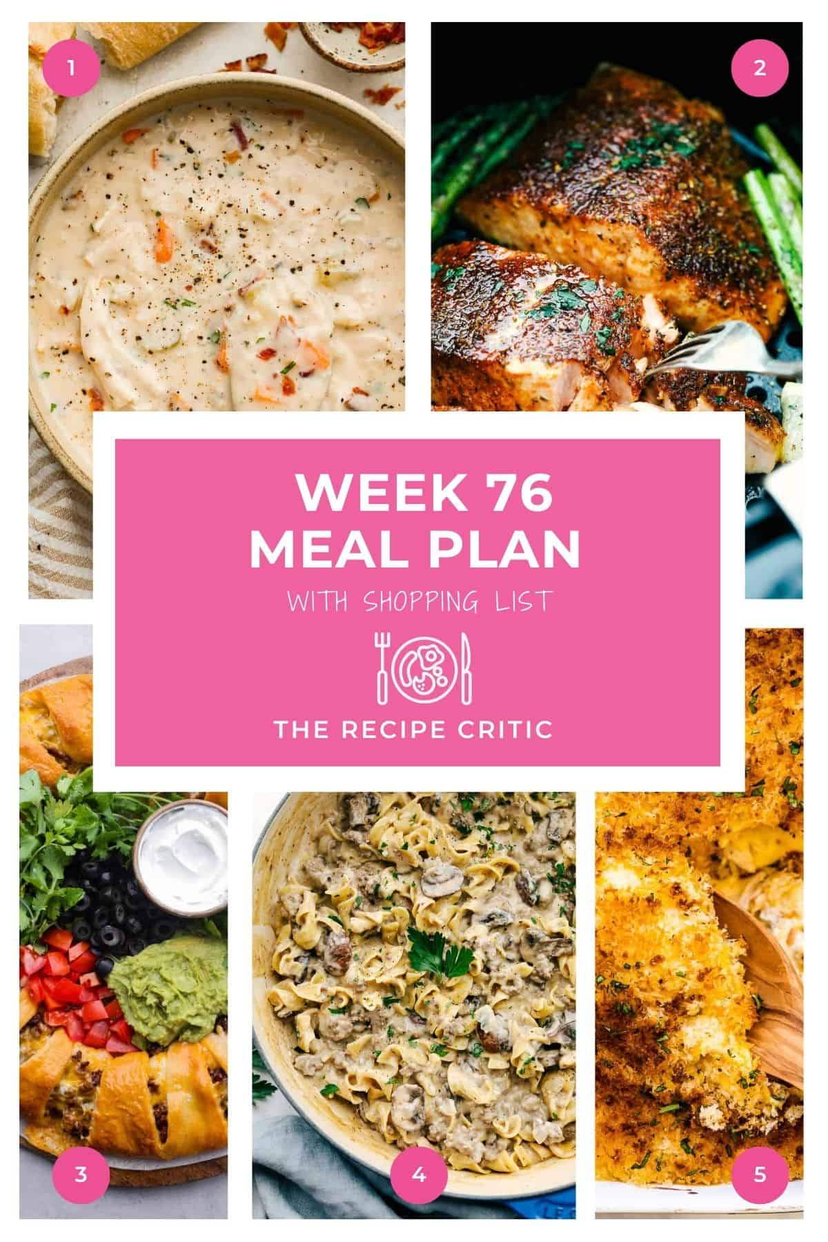 This week’s menu is full of easy, family-friendly dinnThese weekly meal plan dinners are simple, comforting, and made for real life! I have also included a free printable shopping list to help you get in and out of the store faster. Collage of the hero images from the weekly meal plan meals.