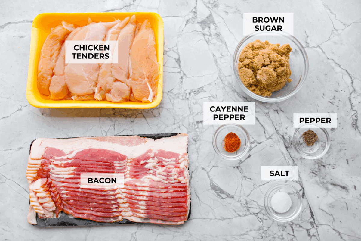 Overhead shot of labeled ingredients. 