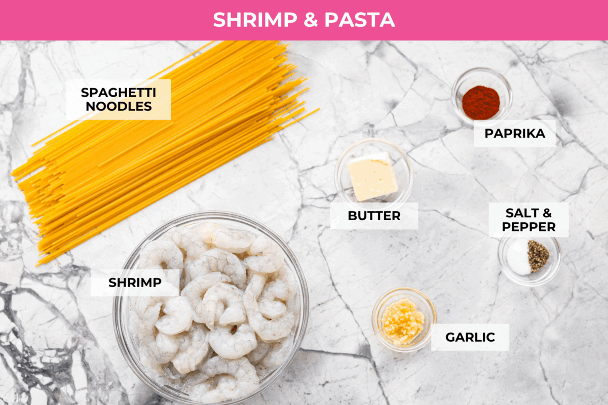 Bang bang shrimp pasta is what weeknight dinner dreams are made of! Juicy shrimp, tender pasta, and that irresistible sweet-and-spicy bang bang sauce come together in just 20 minutes. It’s creamy, bold, and guaranteed to be a hit. Overhead shot of labeled shrimp and pasta ingredients.