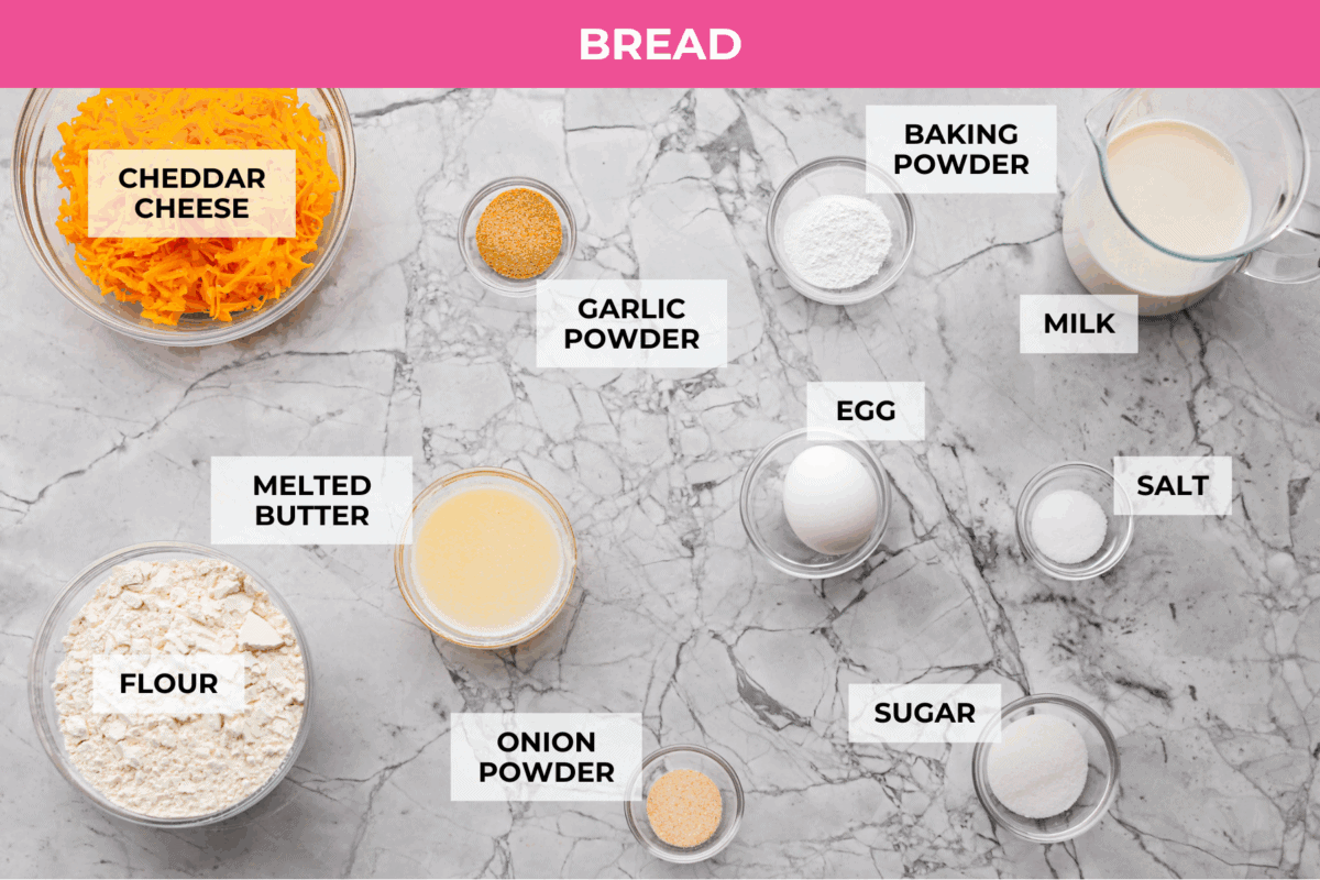 Overhead shot of labeled bread ingredients. 