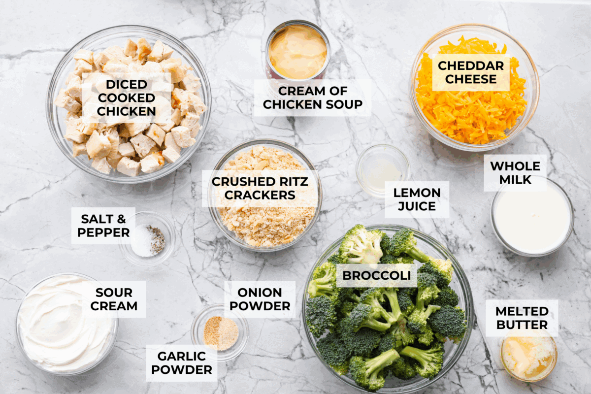 Chicken Divan is what I make when I want comfort food that still feels a little put-together. You get tender chicken, crisp-tender broccoli, and a creamy sauce bubbling under the most delicious golden, crunchy topping! Overhead shot of labeled chicken divan ingredients.
