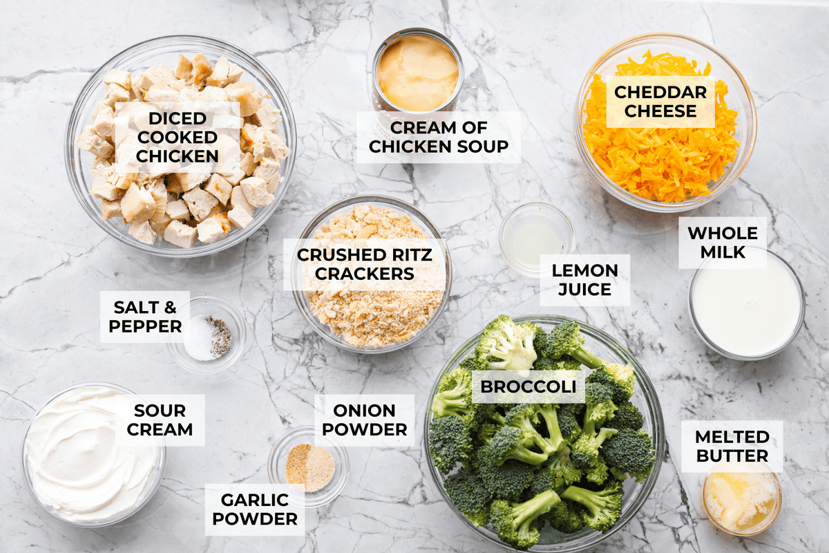 Chicken Divan is what I make when I want comfort food that still feels a little put-together. You get tender chicken, crisp-tender broccoli, and a creamy sauce bubbling under the most delicious golden, crunchy topping! Overhead shot of labeled chicken divan ingredients.