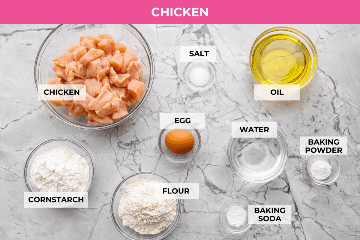 Skip takeout and make this PF Chang’s honey chicken in your own kitchen! Crispy fried chicken gets coated in a glossy honey sauce that’s sweet, savory, and hard to resist Overhead shot of labeled PF Chang's honey chicken ingredients.