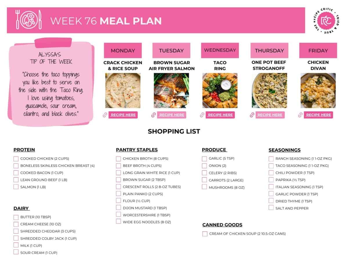 These weekly meal plan dinners are simple, comforting, and made for real life! I have also included a free printable shopping list to help you get in and out of the store faster.