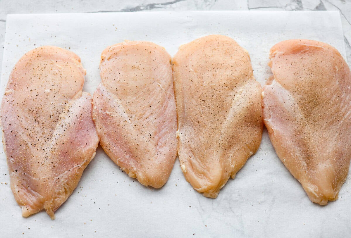This chicken Diane takes everything you love about steak Diane and turns it into an easy chicken dinner. One skillet, a rich creamy mushroom sauce, and tons of flavor in every bite! Chicken pounded and seasoned with salt and pepper.