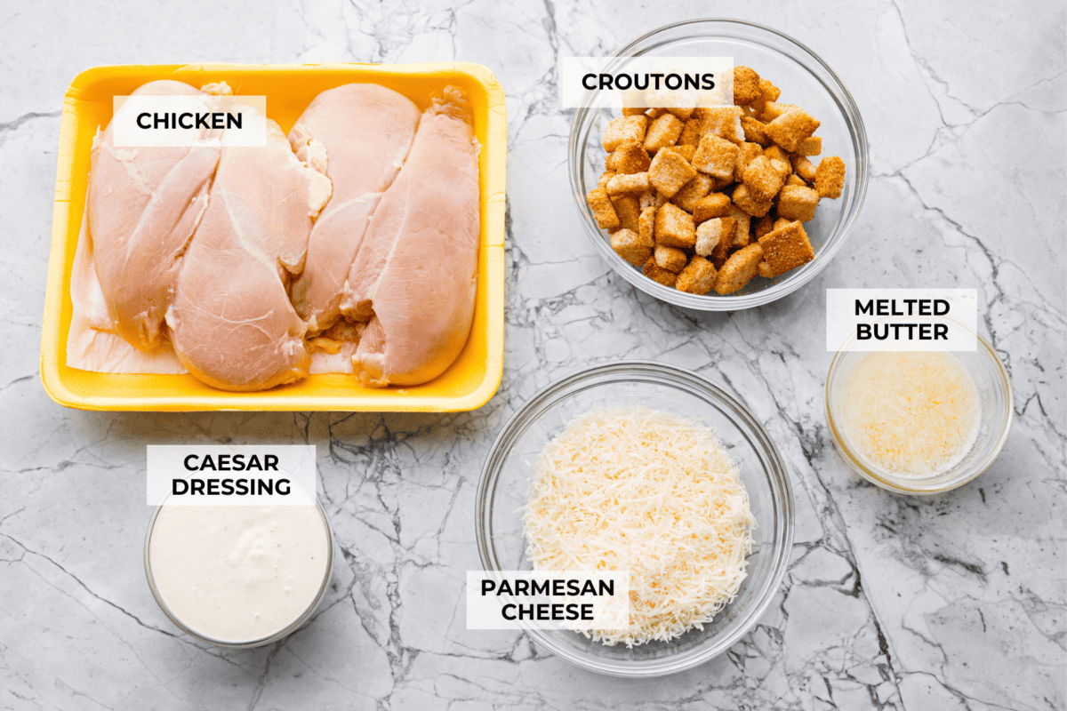 Overhead shot of labeled ingredients.