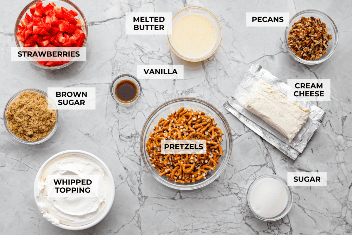 Overhead photo of labeled crack pretzel salad ingredients.
