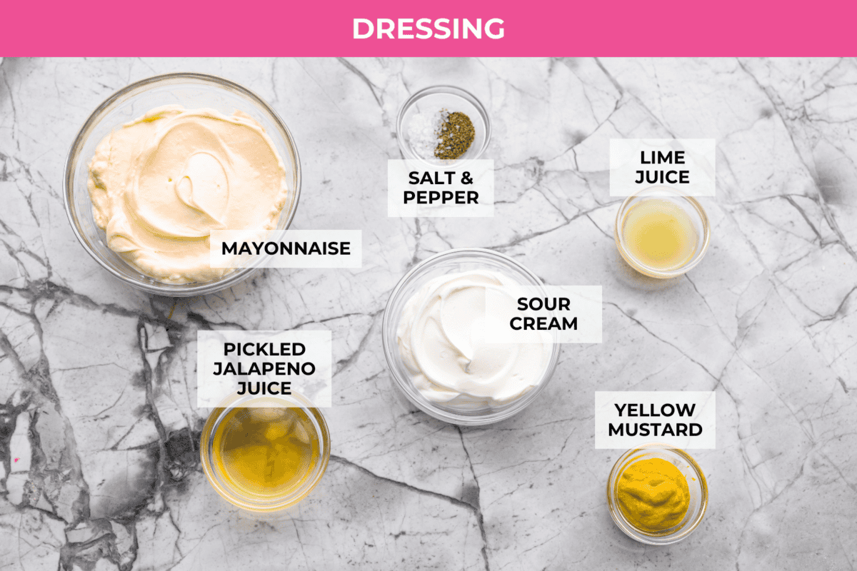 Overhead shot of labeled Mexican macaroni salad dressing ingredients. 