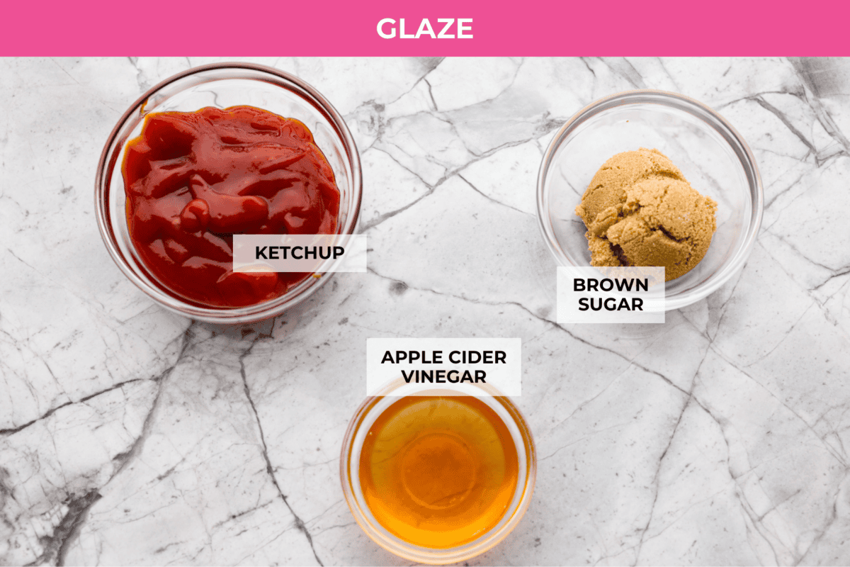 Meatloaf is even better in mini form! These mini meatloaf muffins are tender, flavorful, and topped with a sweet, tangy glaze. They are done in about 25 minutes, making them perfect for an easy dinner I know the kids will love. Overhead shot of labeled glaze ingredients.