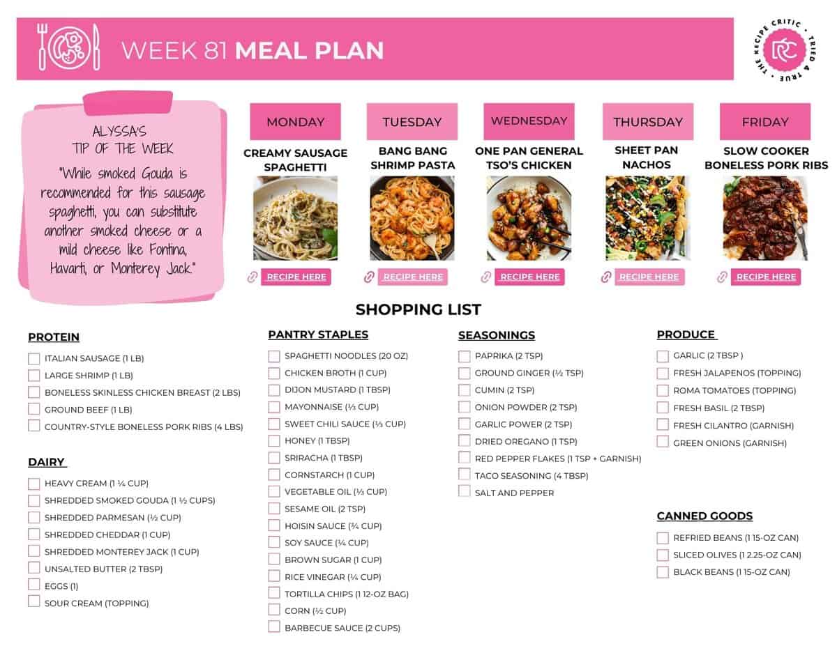It’s time for another weekly meal plan! This week’s lineup is full of easy, family-friendly dinners that make busy nights a little simpler. We’re talking cozy favorites like creamy sausage spaghetti, fun dinners like sheet pan nachos, and a few meals that are perfect for when you just want something quick and delicious on the table. Image of the free printable shopping list for the weekly meal plan.