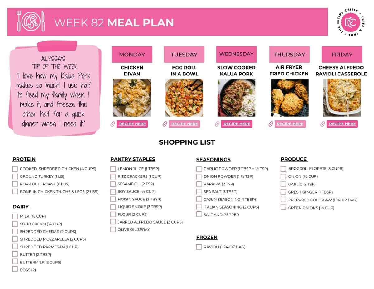 Wondering what to make for dinner this week? I've got you covered! This weekly menu plan is packed with easy, family-friendly dinners that make busy nights seem a little more manageable and give everyone something to look forward to. Free shopping list image for this weekly menu plan.