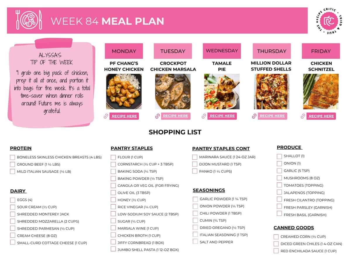 This week’s meal plan is here to save your sanity. These dinners are quick, delicious, and totally family approved, so you can skip the what’s for dinner stress and actually enjoy your evenings. I’ve already planned it all out and made the shopping list, so all you have to do is cook and feel like a dinner rockstar. Image of the free printable shopping list for my weekly meal plan.