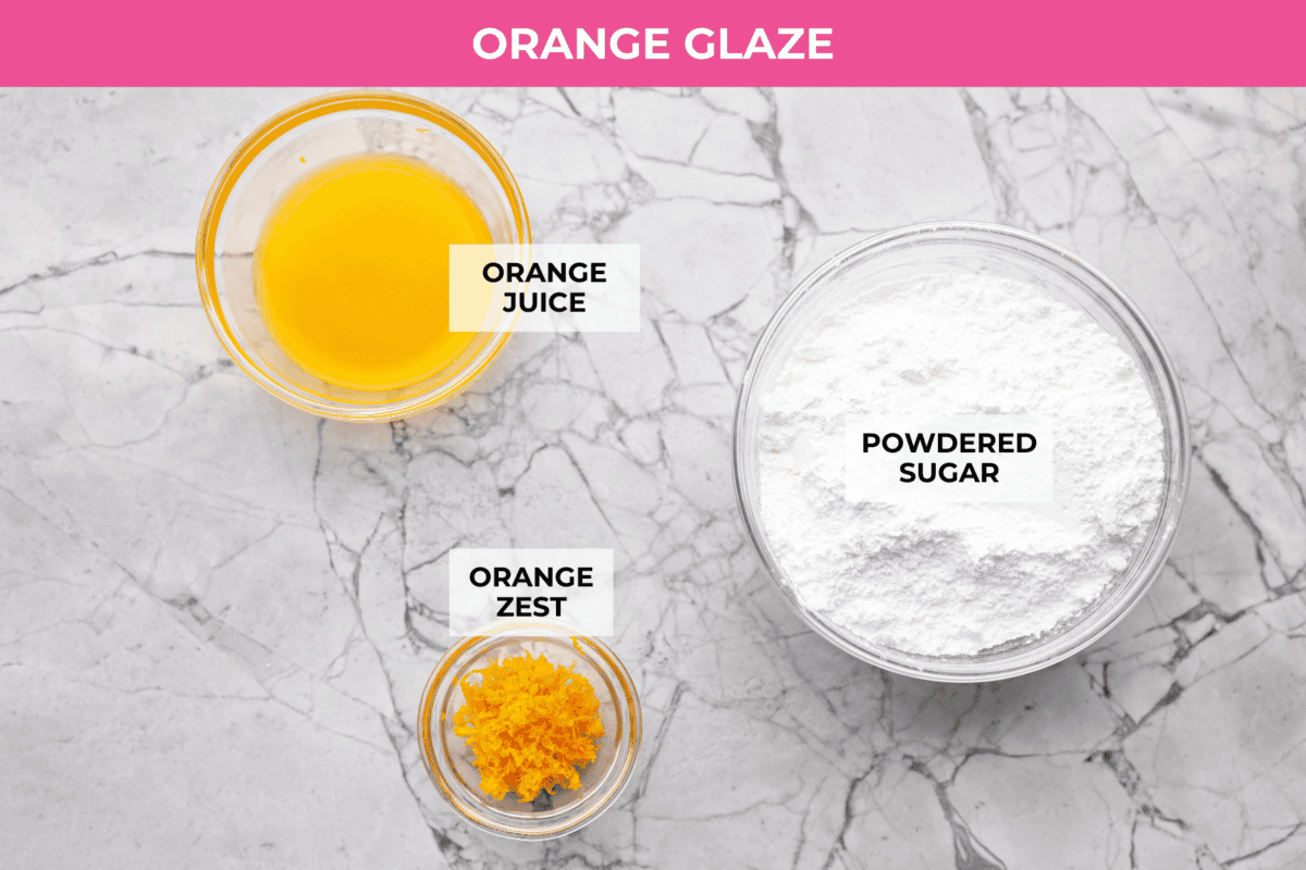 This glazed orange loaf is sunshine in every slice! Fresh orange zest and juice give it a bright citrus flavor. It's just like this incredibly popular Lemon Loaf. It’s the kind of quick bread you keep coming back to for just one more slice. Overhead shot of labeled orange glaze ingredients.