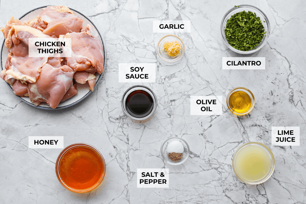 Overhead shot of labeled ingredients. 