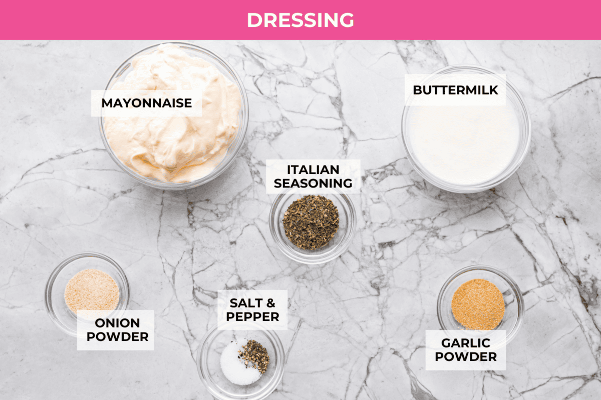 Overhead shot of labeled dressing ingredients. 