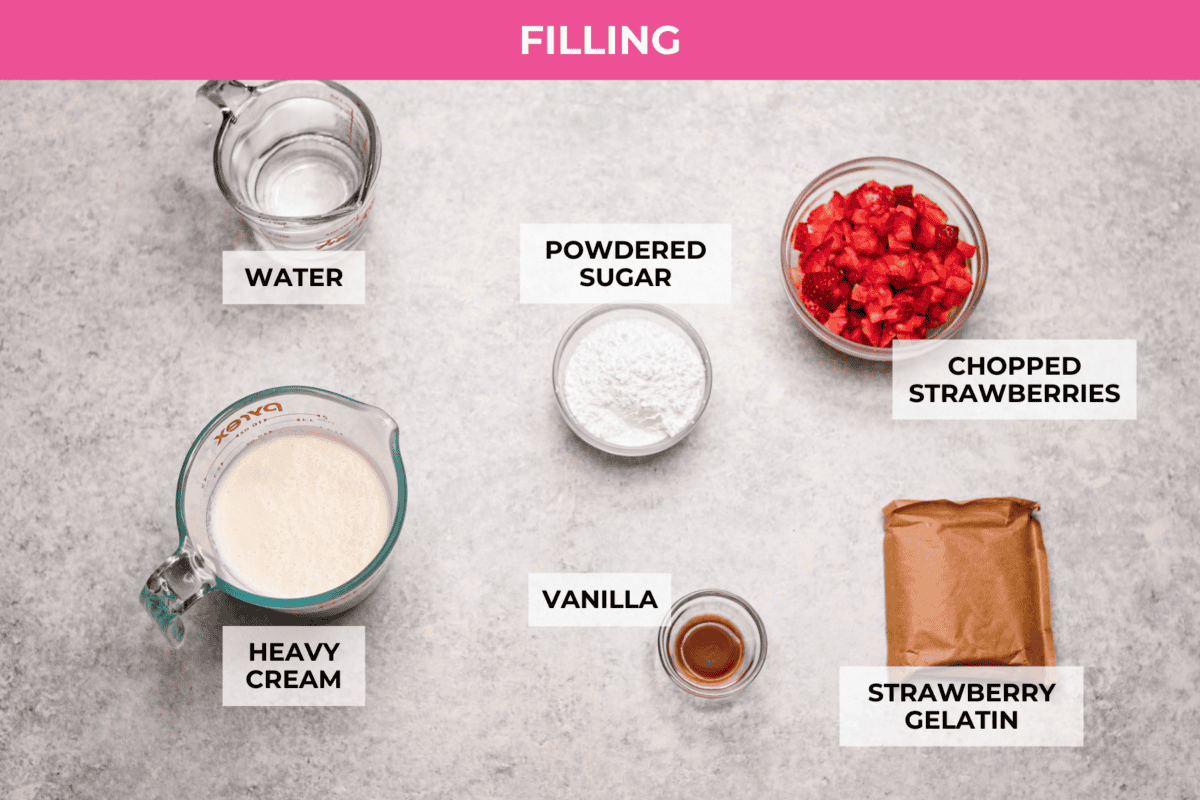 Overhead shot of labeled no bake strawberry cream pie filling ingredients. 