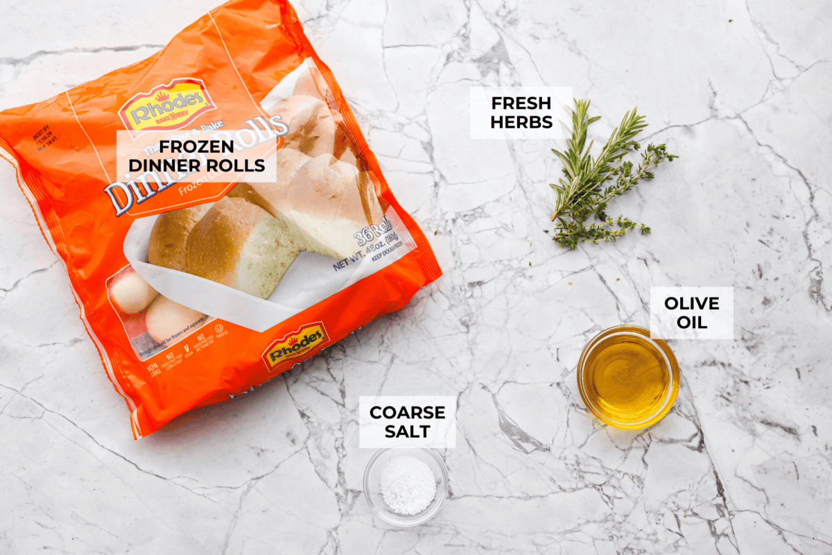 Overhead shot of labeled ingredients. 