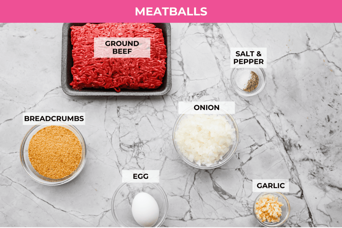 These sweet and sour meatballs are one of those dinners I pull out when I need something easy, but I know everyone likes! They’re saucy, a little sweet, a little tangy, and come together fast. Overhead shot of labeled meatball ingredients.
