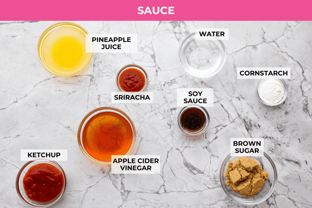 These sweet and sour meatballs are one of those dinners I pull out when I need something easy, but I know everyone likes! They’re saucy, a little sweet, a little tangy, and come together fast. Overhead shot of labeled sauce ingredients.