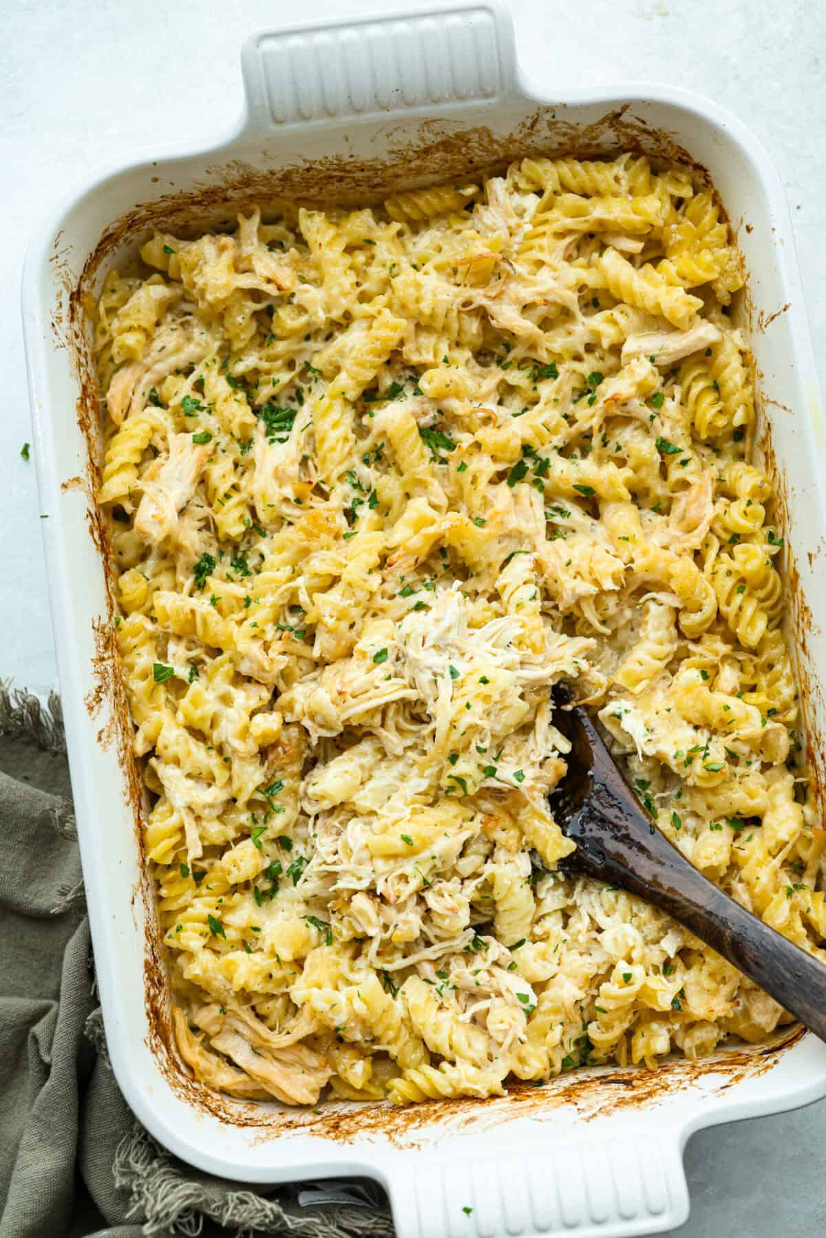 Overhead image of olive garden chicken bake in a baking dish. 