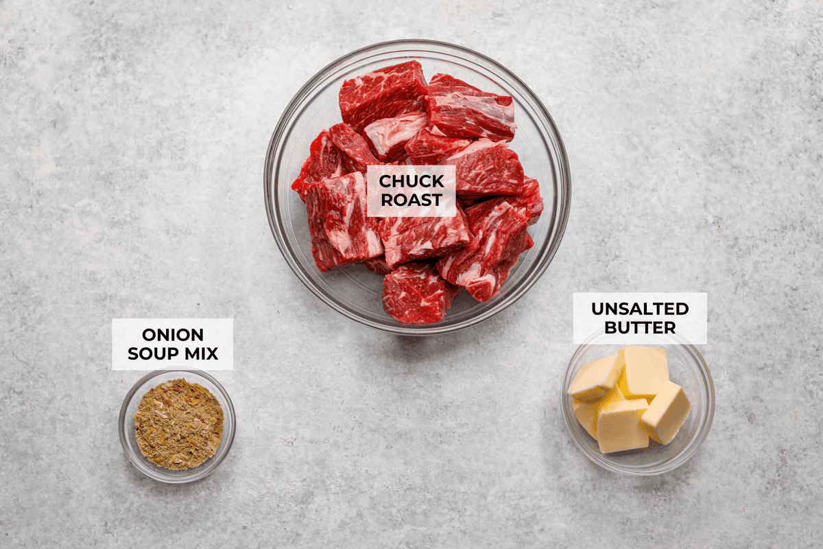 Cook the roast low and slow until tender, j Overhead photograph of labeled ingredients.