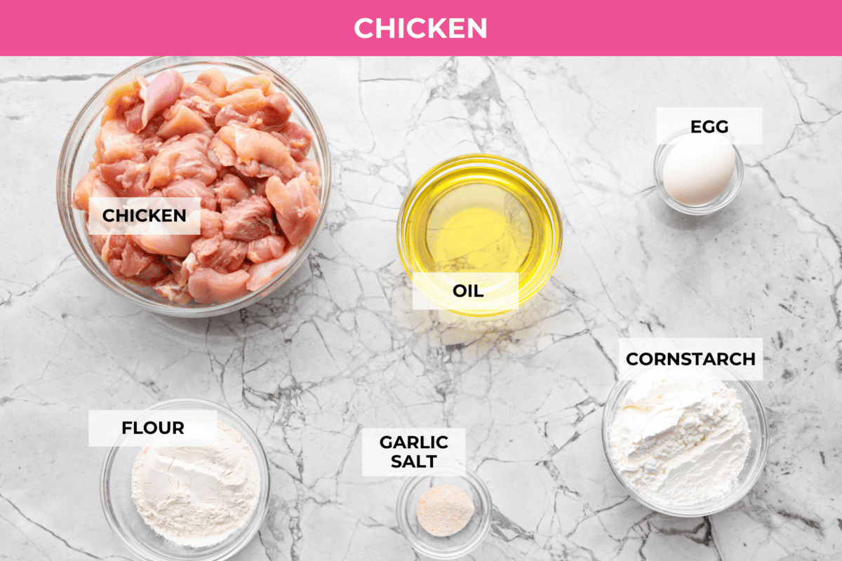 Overhead shot of labeled Panda Express orange chicken ingredients. 