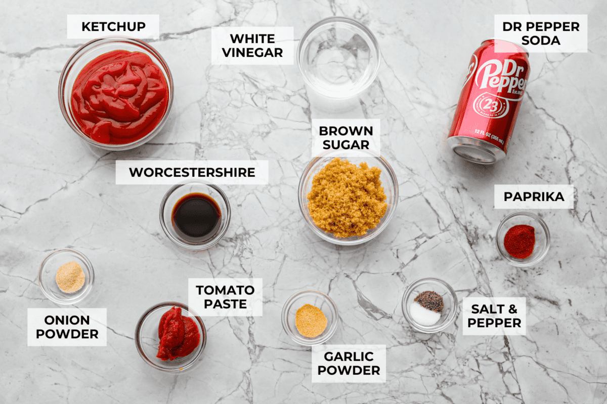 Overhead shot of labeled ingredients. 
